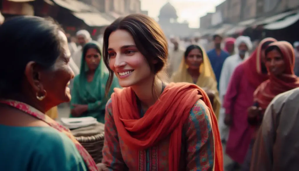 Smiling Indian woman in a kurta interacts with friendly locals at a Faridabad marketplace