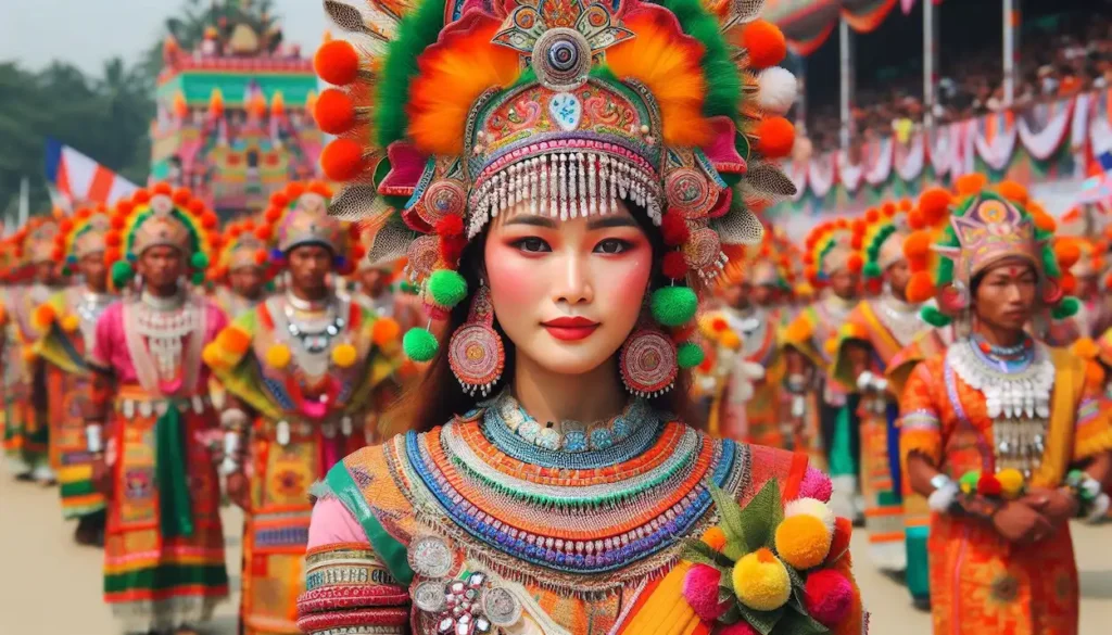 Woman in festive costume participating in Sangai Festival procession, Manipur