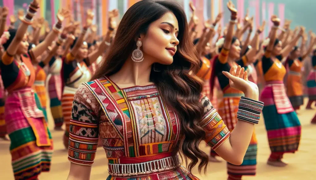 Woman in Jaintia attire dancing at Behdienkhlam festival