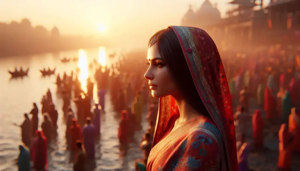 woman celebrating Chhath Puja on the Ganges River.