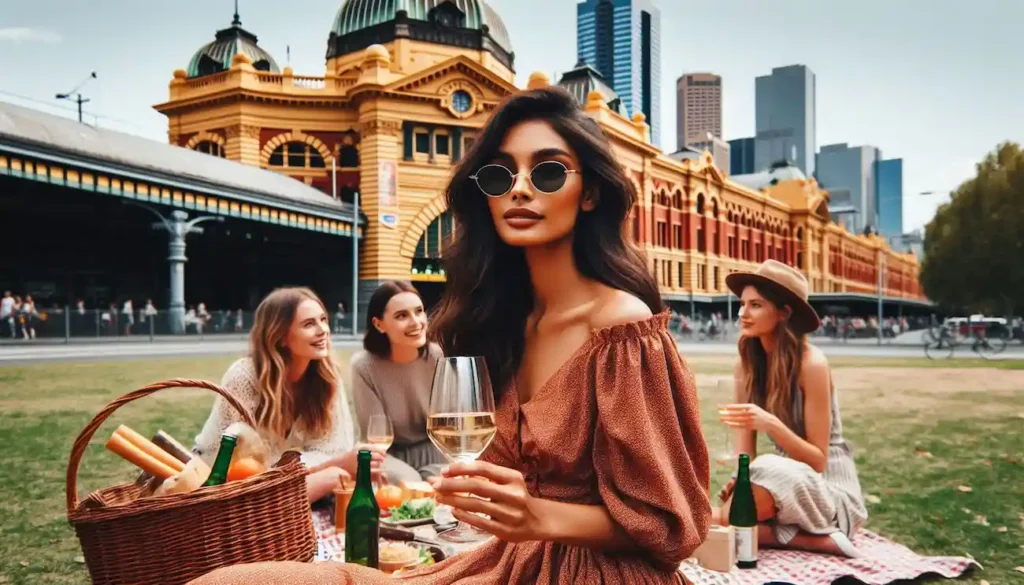 Indo-American woman enjoying picnic lunch with friends in front of Melbourne skyline. Australia in 2024