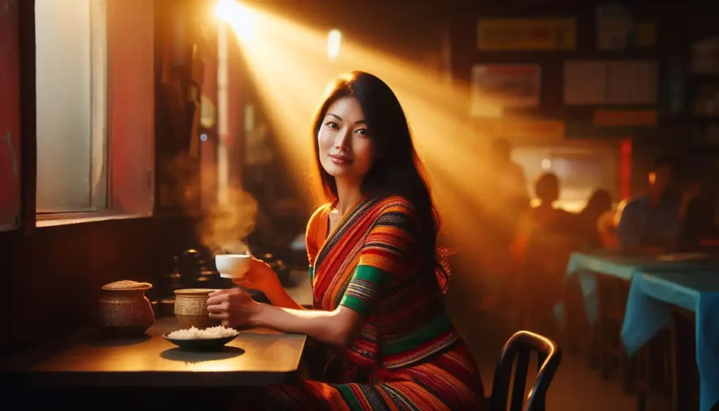 A woman in a vibrant Naga wrap-around skirt enjoys tea in a cozy cafe in Kohima, Nagaland.