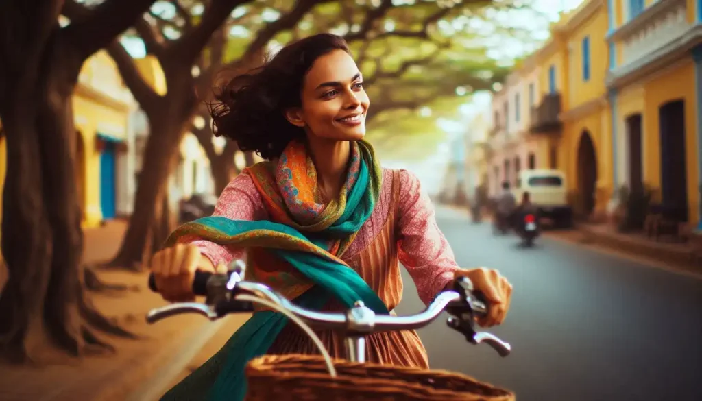 Playful woman cycling through the streets of Pondicherry