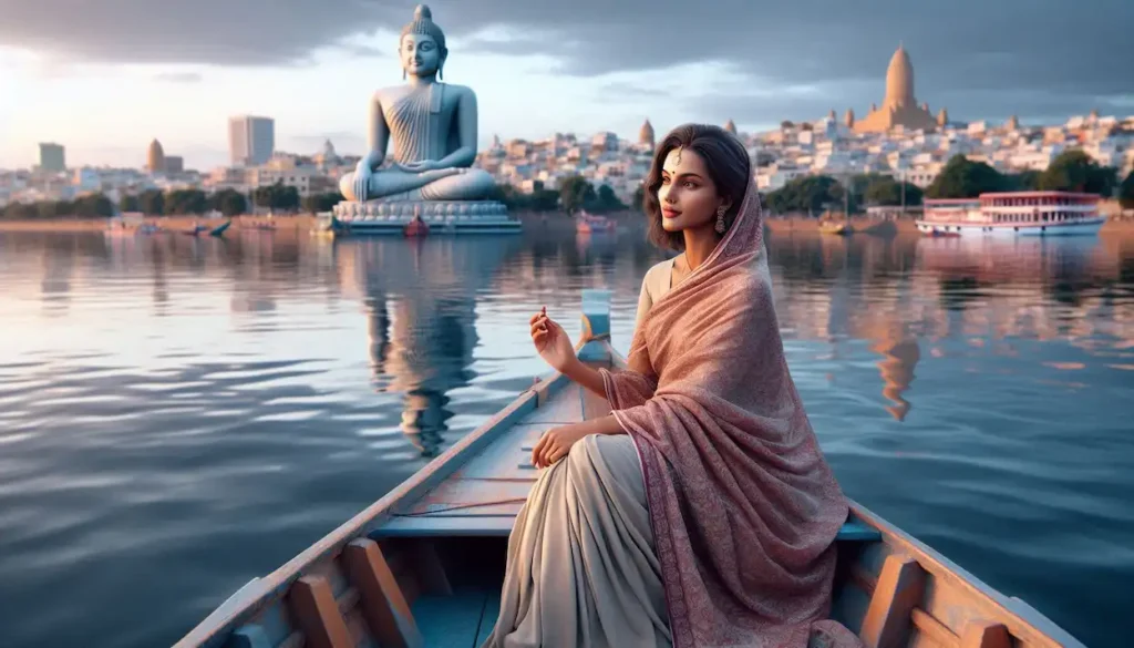 Fair woman , enjoying a boat ride on Hussain Sagar Lake with the Buddha statue in the background.