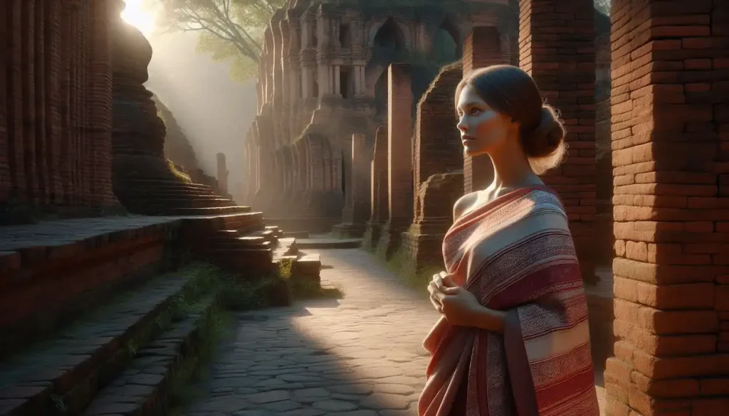 woman , wearing a mekhela chador, explores the ancient ruins of Pilak.