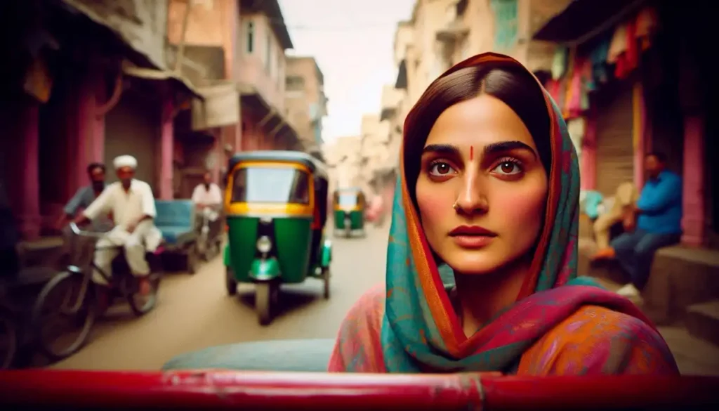 woman in rickshaw, Mathura streets