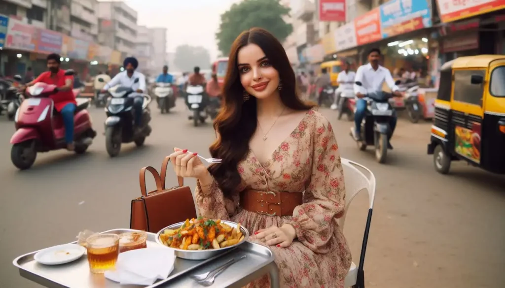 Woman enjoying street food at Sector 17 market in Chandigarh.