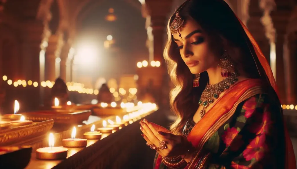 A woman in traditional attire with jewelry and a colorful dupatta offers a prayer at Akshardham Temple.