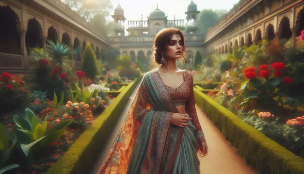 : Indian woman in a saree strolls through the serene Pinjore Gardens.