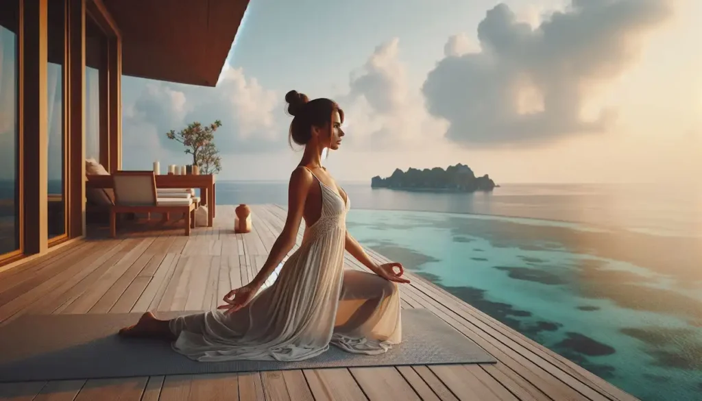 Woman practicing yoga on resort deck overlooking ocean on Agatti Island.