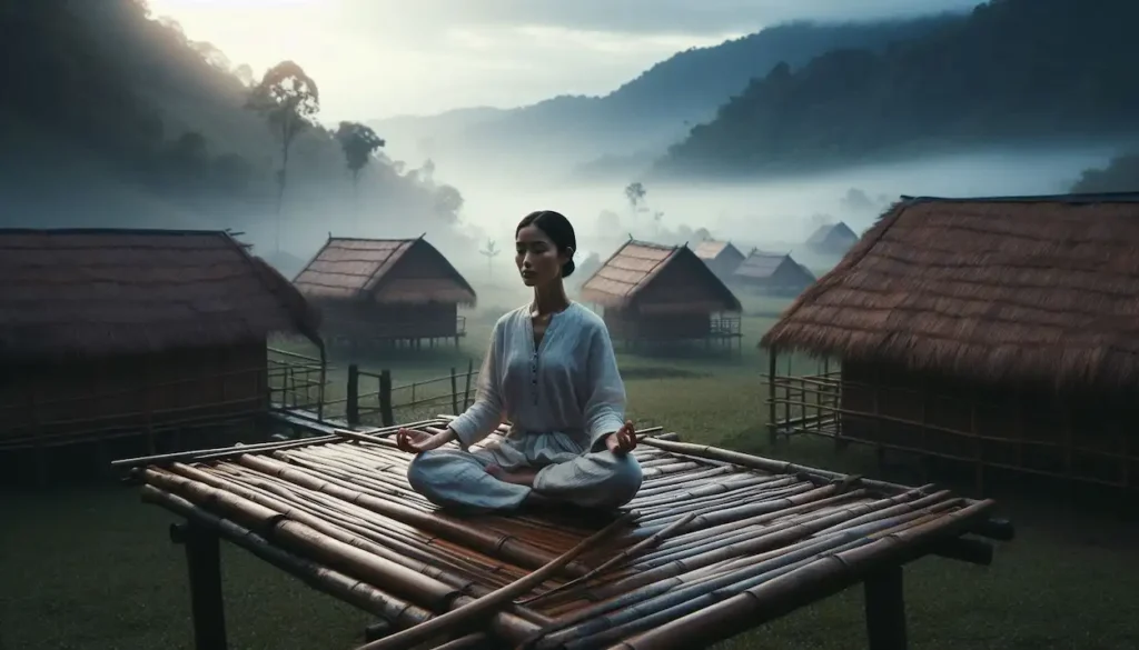 Woman meditating in bamboo hut amidst misty hills of Ukhrul, Manipur.