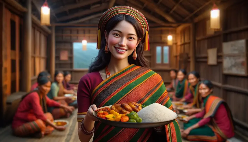 Woman in Garo dress offering Meghalayan cuisine