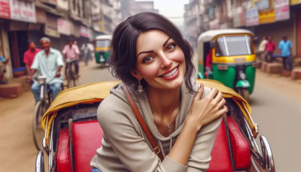 woman enjoying rickshaw ride in Patna.