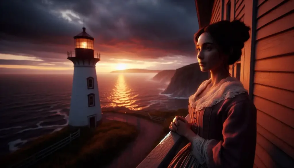 An Indo-American woman watches the sunset over Malpeque Bay from a lighthouse, Prince Edward Island