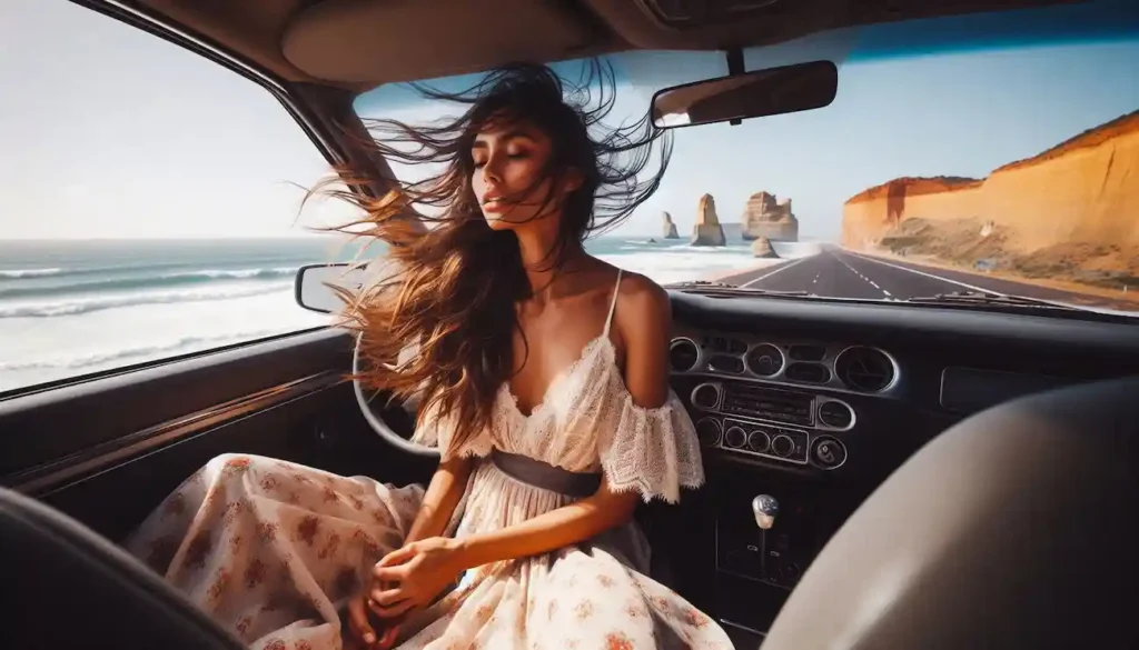 Indo-American woman driving along Great Ocean Road, Twelve Apostles in distance.