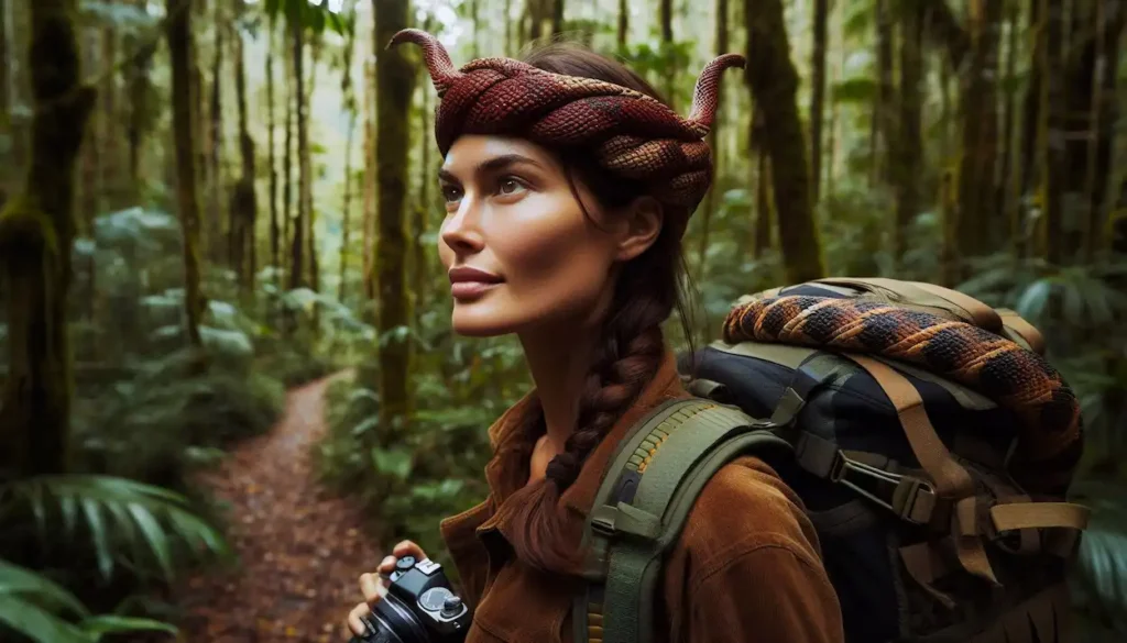 A woman in a woven Naga headband treks through the lush forests of Intanki National Park in Nagaland