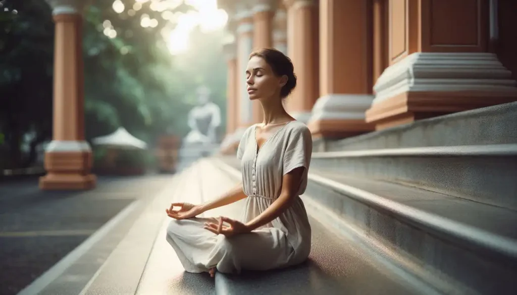 Serene woman meditating at the Aurobindo Ashram, Pondicherry