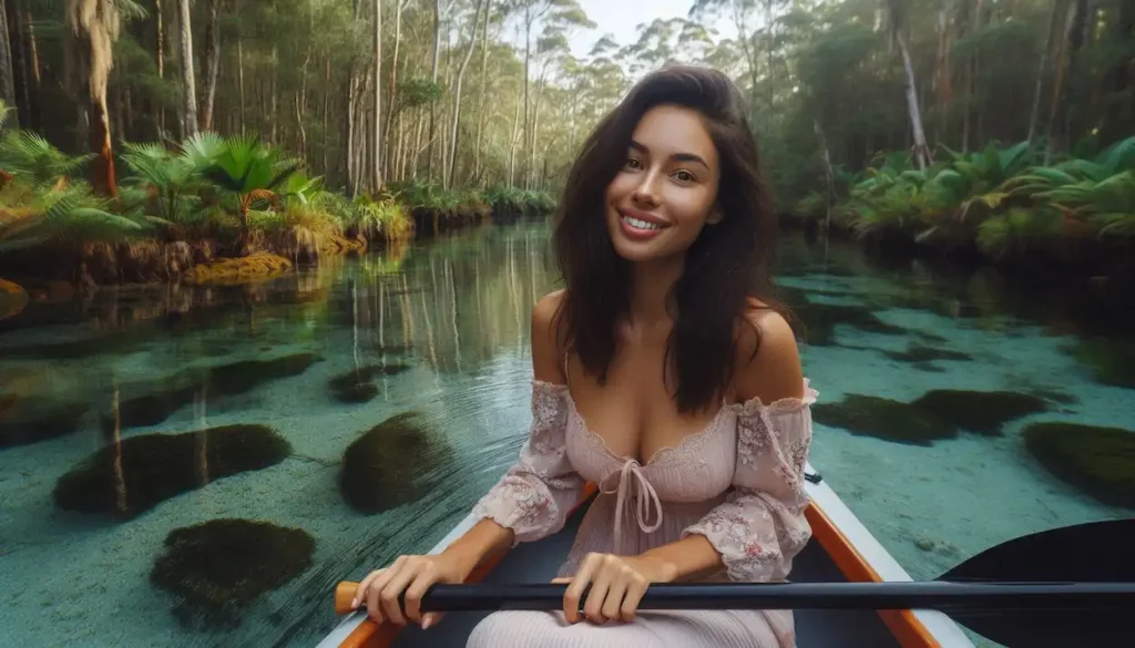 A smiling South Asian woman in a dress kayaks on a clear waterway in a South Australian national park.