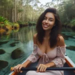 A smiling South Asian woman in a dress kayaks on a clear waterway in a South Australian national park.