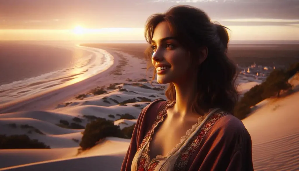 A serene Indo-American woman watches the sunset over Kouchibouguac National Park, with the dunes and the vast Atlantic Ocean stretching out before her.