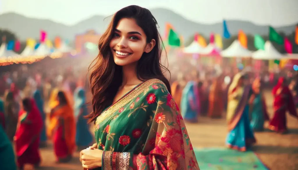 A delighted Indo-American woman attending the vibrant Green Man Festival in Wales.