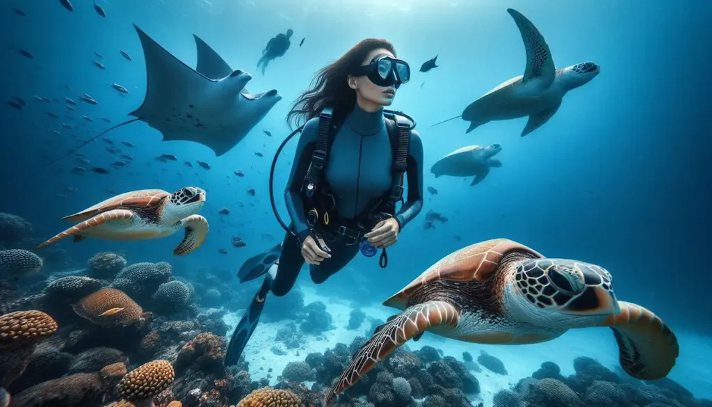 Woman scuba diving with manta rays and sea turtles near Kadmat Island, Lakshadweep