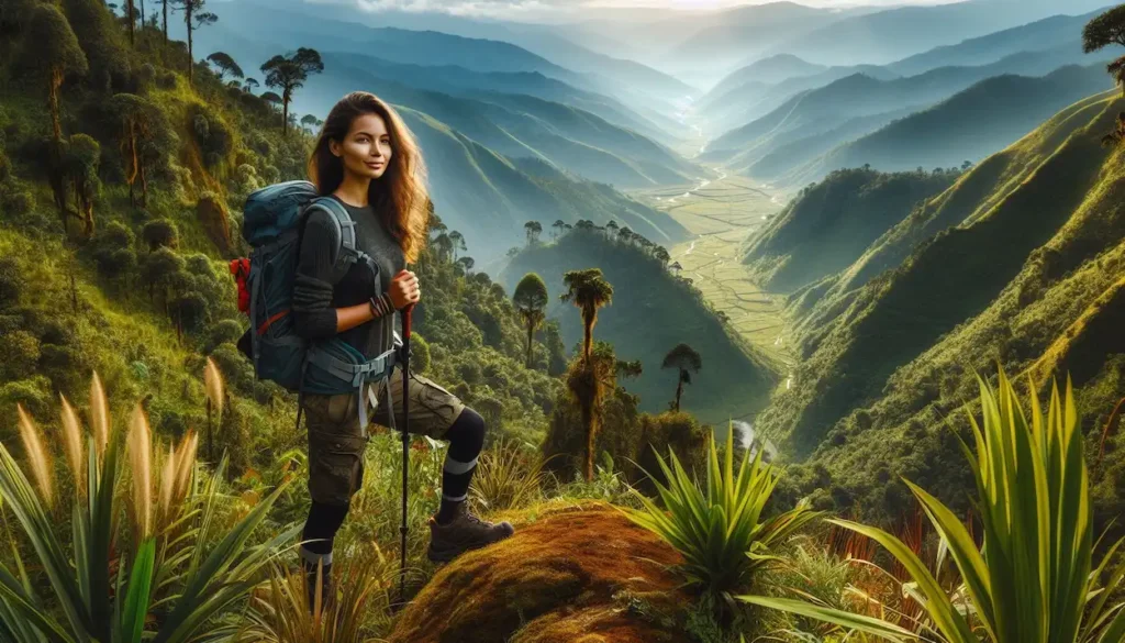 Woman trekking in the lush Dzuko Valley, Manipur.