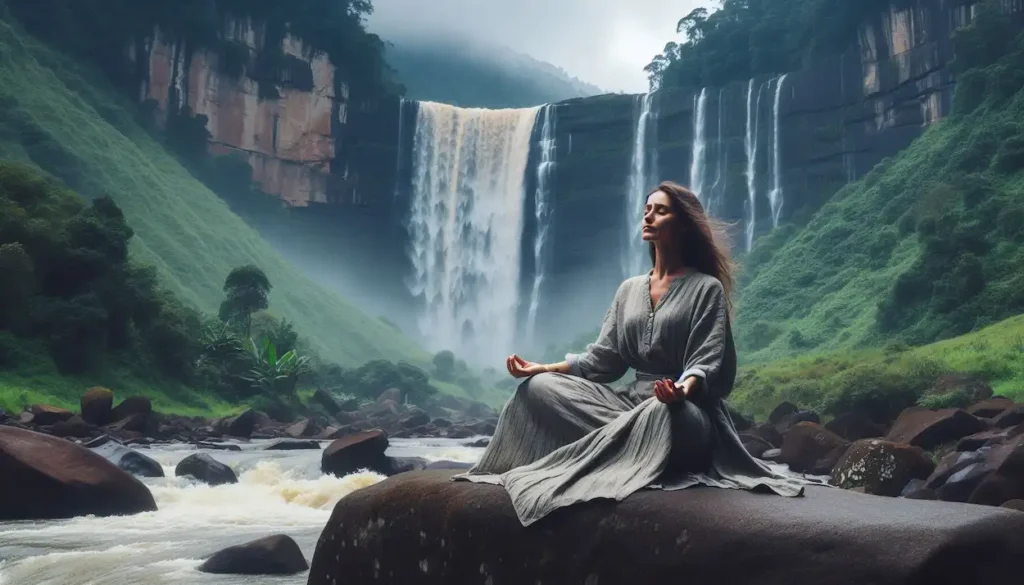 Woman meditating near Seven Sisters Falls, Cherrapunji