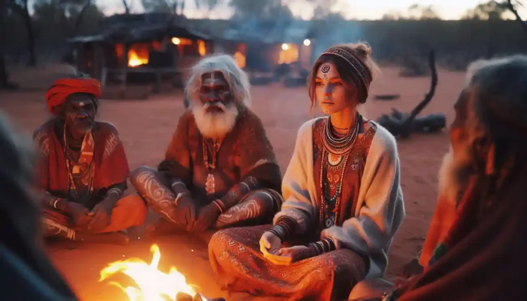 Indo-American woman participating in Aboriginal cultural exchange in desert.