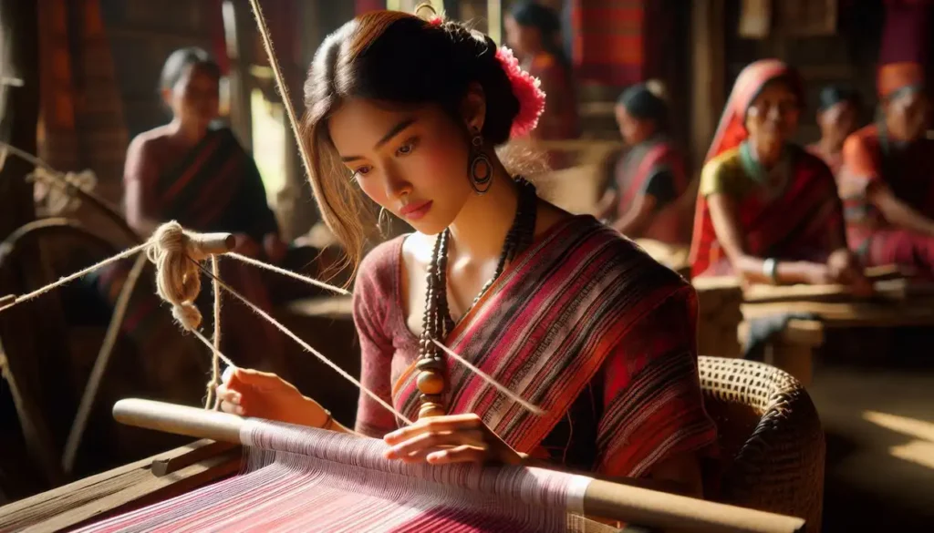 A woman in a traditional Naga mekhela learns weaving from local artisans at the Mokokchung Craft Center in Nagaland.