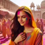 woman celebrates Holi in Mathura