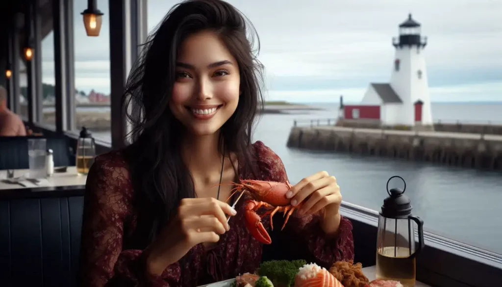 A delighted Indo-American woman enjoys fresh seafood at a waterfront restaurant in St. Andrews by-the-Sea, with the charming harbor and lighthouses in the background.