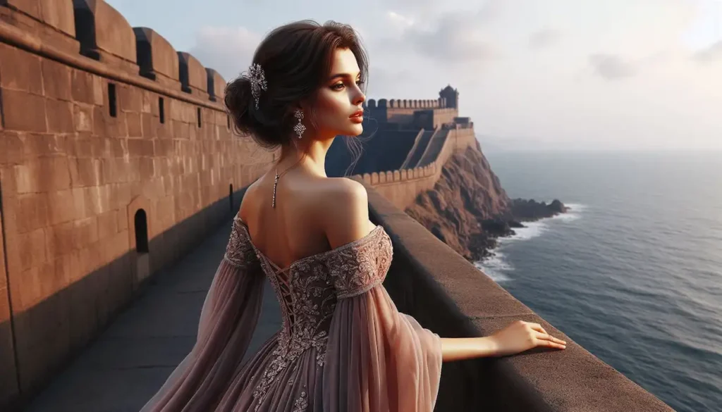 Indian woman in evening gown on Moti Daman Fort ramparts.