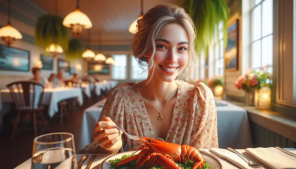 A woman enjoys local seafood at a restaurant in the picturesque Annapolis Valley, Nova Scotia.