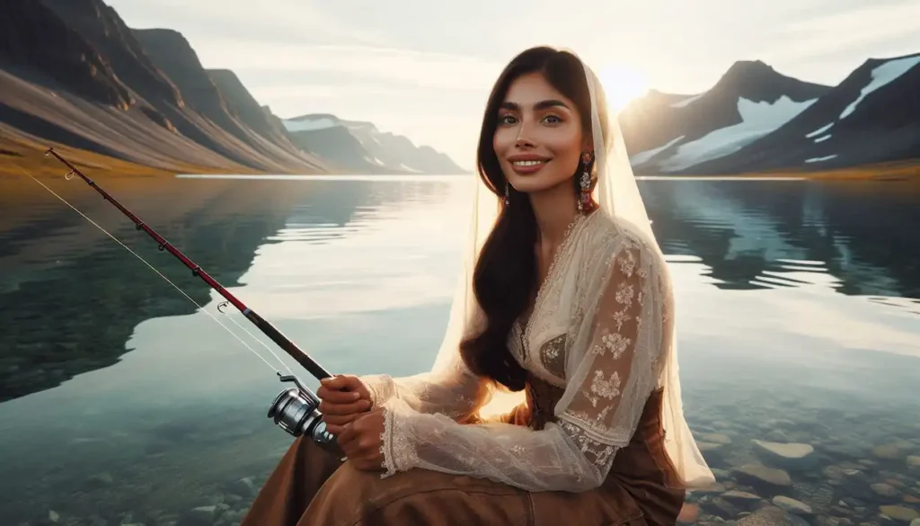 An Indo-American woman fishes in a serene lake surrounded by mountains in Nunavut.