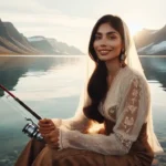 An Indo-American woman fishes in a serene lake surrounded by mountains in Nunavut.