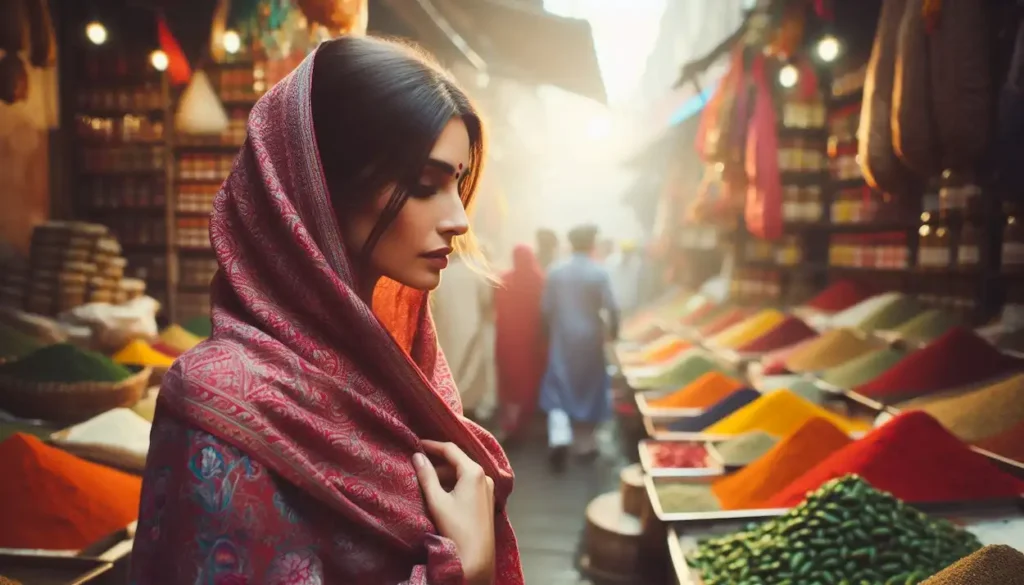 A woman in a vibrant phulkari dupatta explores the colorful spice markets of Old Delhi