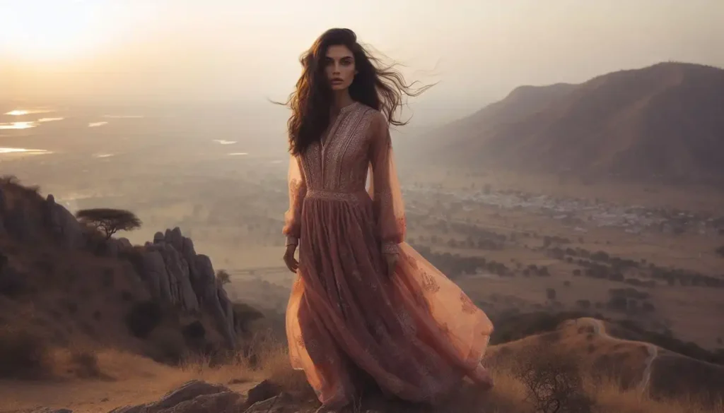 Indian woman in a flowing dress stands atop the Aravalli Hills, overlooking Haryana's landscape