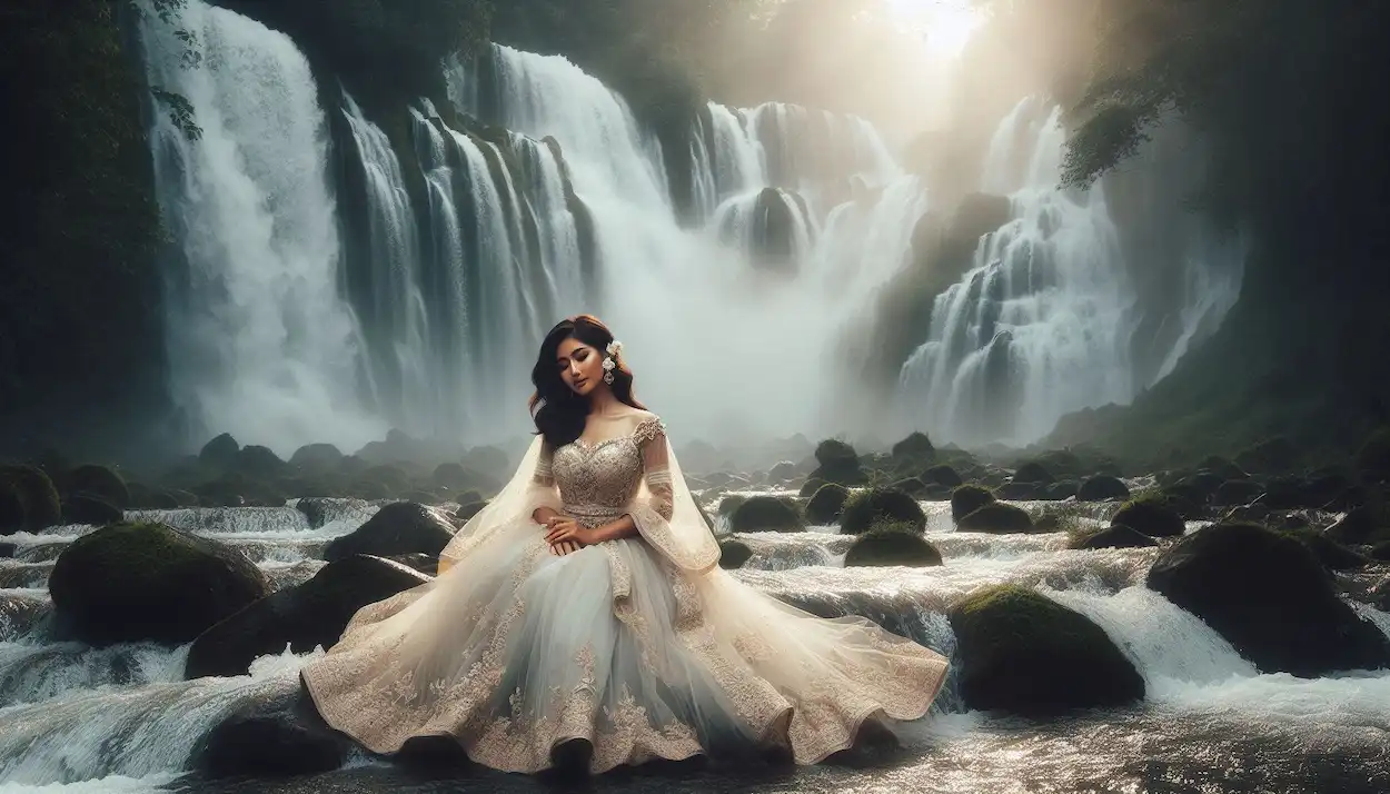 Woman in bridal attire posing at Khoupum waterfalls, Manipur