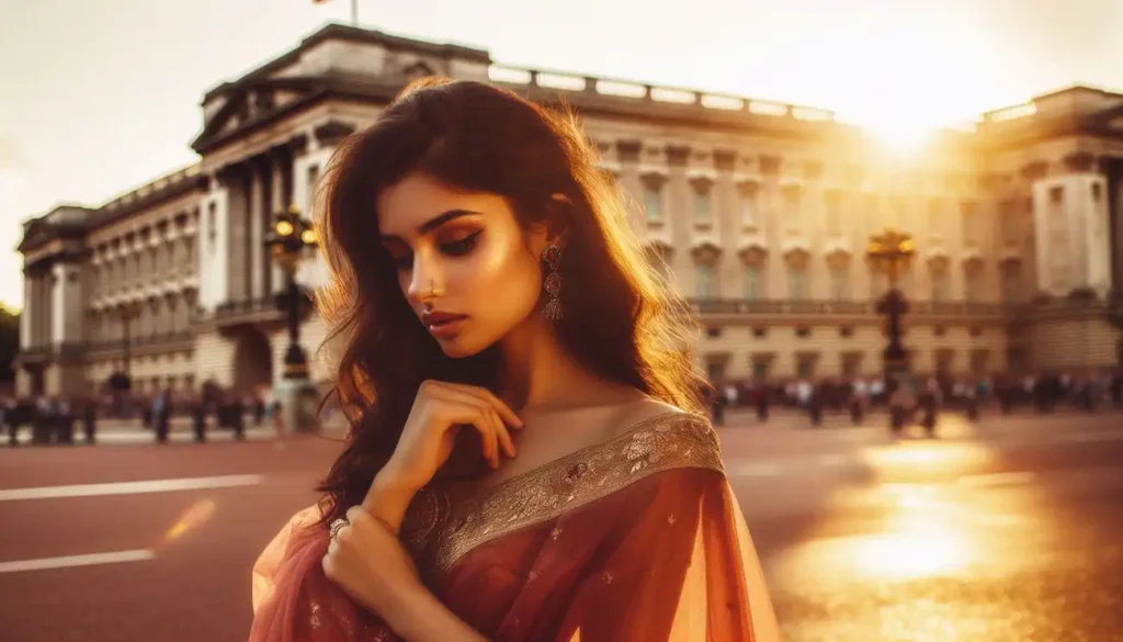 A fair Indo-American woman in a sari stands before Buckingham Palace.