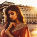 A fair Indo-American woman in a sari stands before Buckingham Palace.