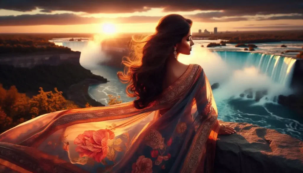 Fair Indo-American woman in sari admiring Niagara Falls at sunset.