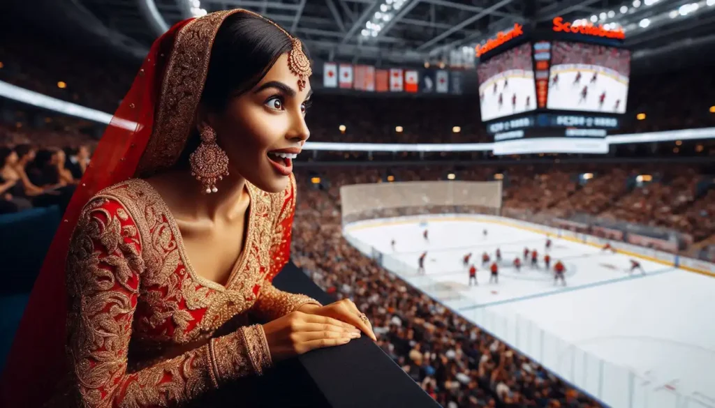 Indo-American woman in lehenga watching hockey game in Toronto.