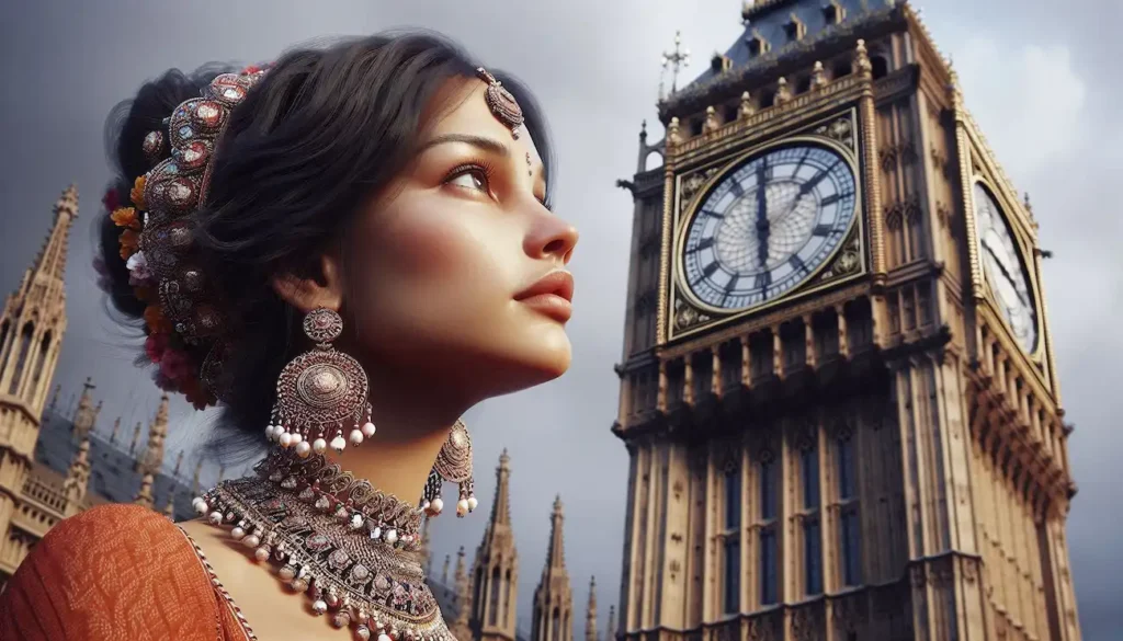 A close-up of an Indo-American woman admiring Big Ben's clock face.