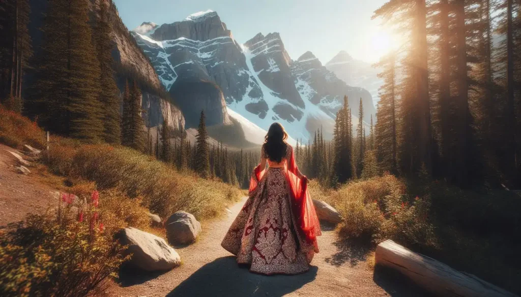 Indo-American woman in lehenga hiking in Banff National Park. canada