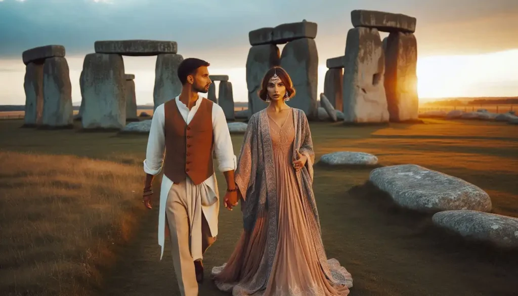 An Indo-American couple walks through Stonehenge at sunset.