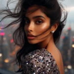 Indo-American woman in evening gown overlooking Toronto from CN Tower.