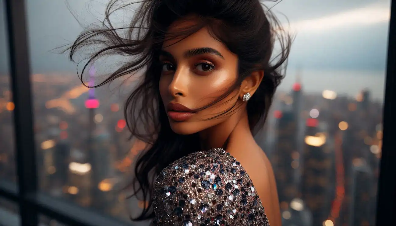 Indo-American woman in evening gown overlooking Toronto from CN Tower.