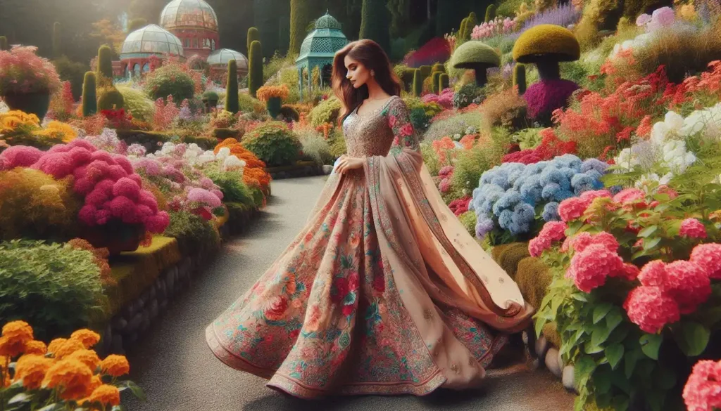 Indo-American woman in anarkali suit in Butchart Gardens.