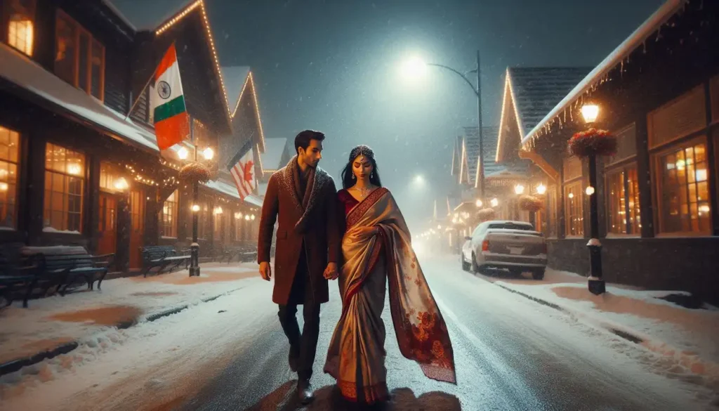 Indo-American woman in saree walking in snowy Whistler village.